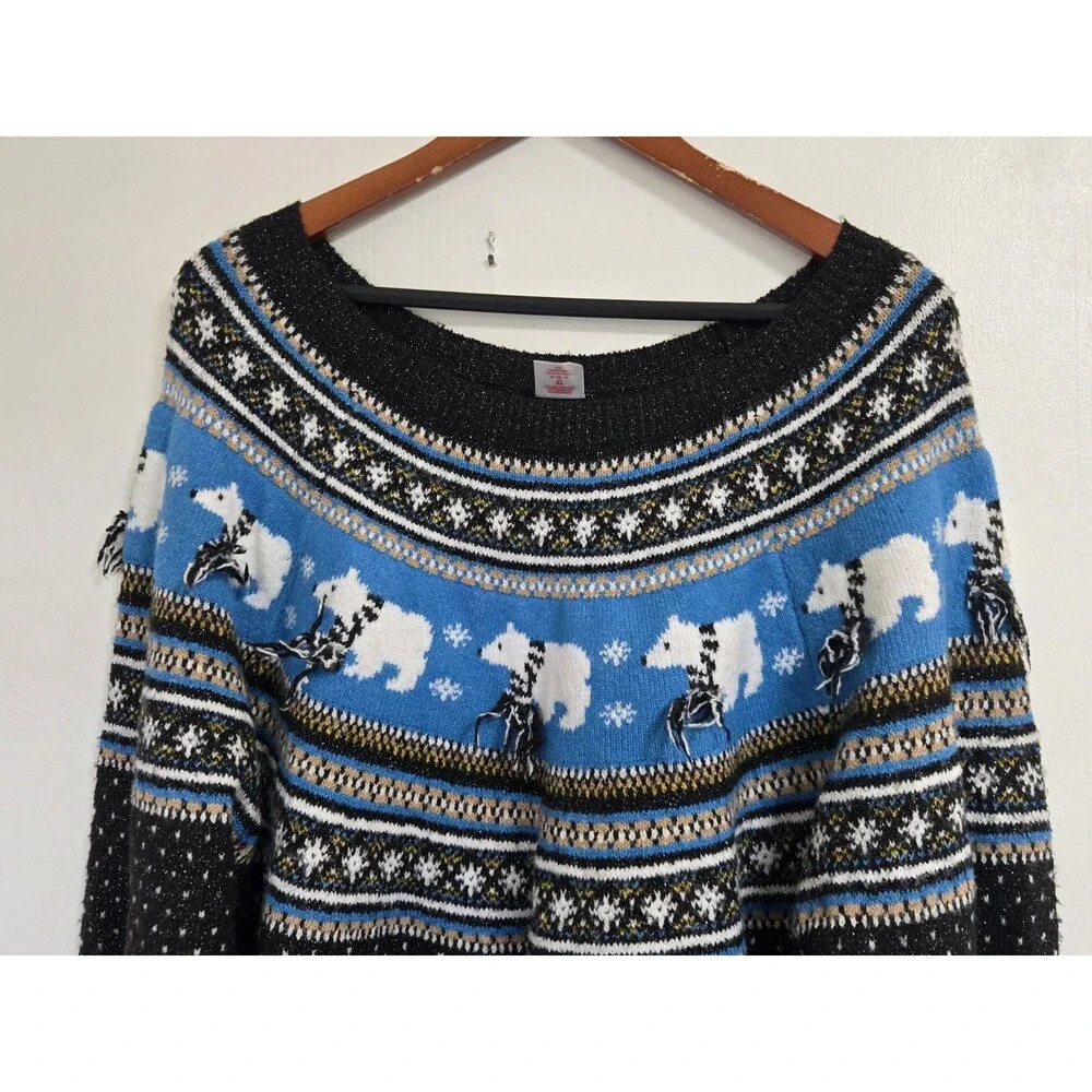Holiday Time Womens Sweater 1X Fair Isle Soft Black Polar Bear Winter Nordic - Picture 2 of 8